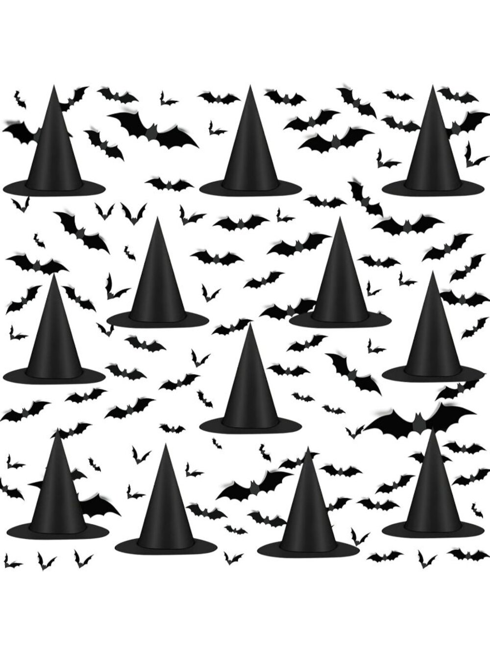 12 Pc Black Witch Hats Halloween Decor w/ Bat Stickers & Nylon Hanging Cord